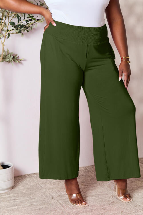 Smocked Wide Waistband Wide Leg Pants**