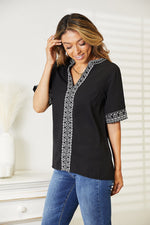 Embroidered Notched Neck Top