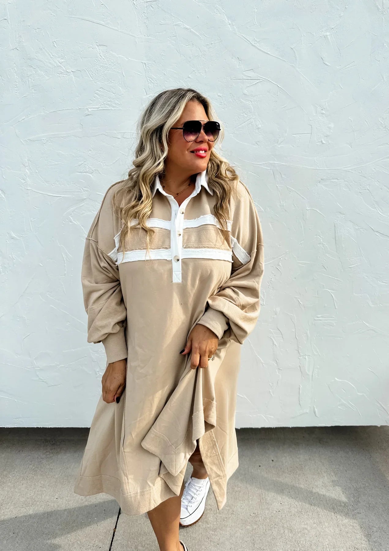 Varsity Jersey Dress in Two Colors Beige / 2XL