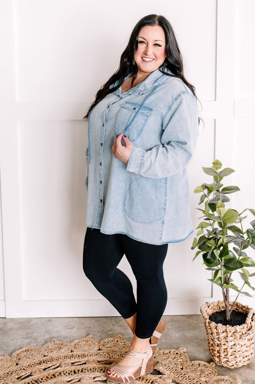 Hooded Button Front Top In Light Denim
