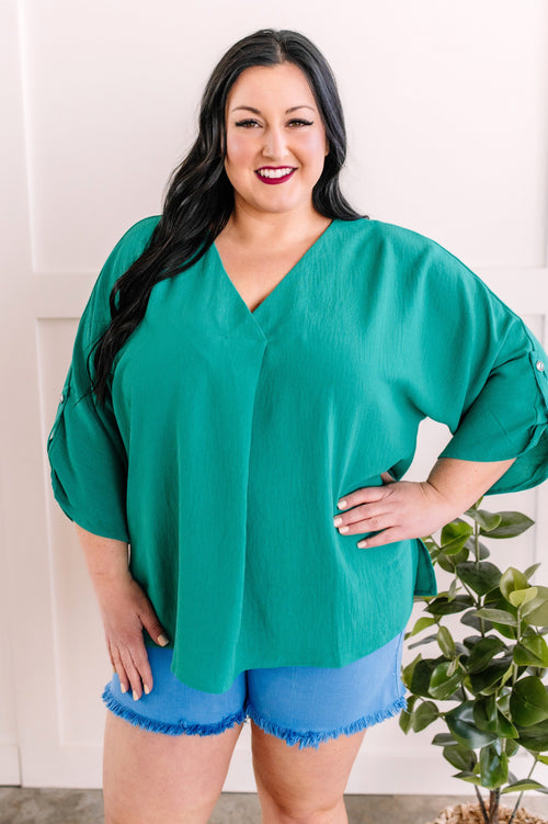 Pleated Blouse With Button Sleeve Detail In Tropical Green