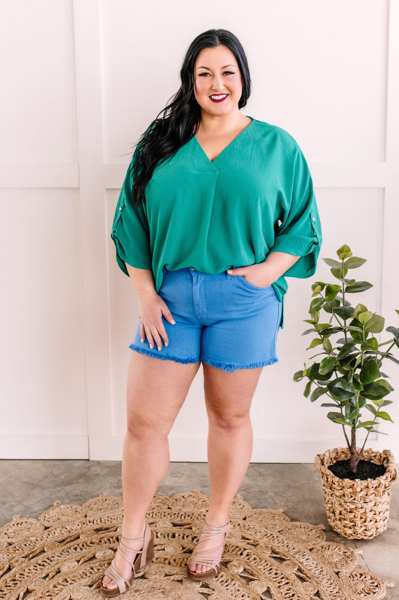 Mid Rise Frayed Hem Shorts By Judy Blue Jeans In Sky Blue