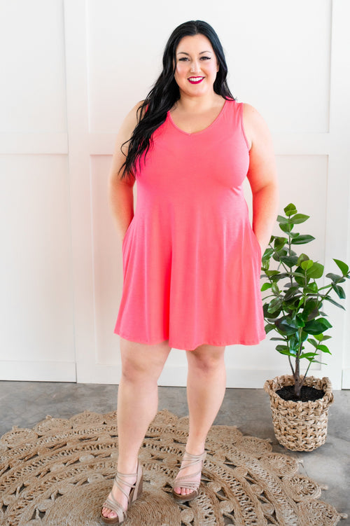 Sleeveless V Neck Dress With Pockets In Neon Pink