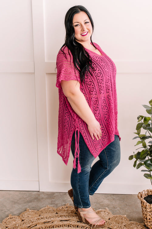 Open Knit Cover Up With Side Tassel Detail In Chic Pink