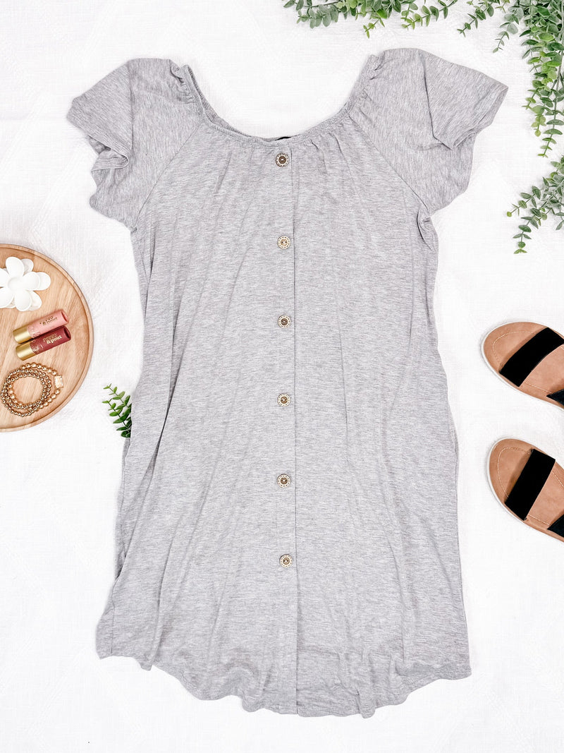 Decorative Button Front Tshirt Dress In Heathered Grey