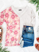 Waffle Knit Color Block V Neck Top In Taupe & Pink Floral