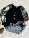 11.15 Button Front Henley With Plaid Sleeves In Black