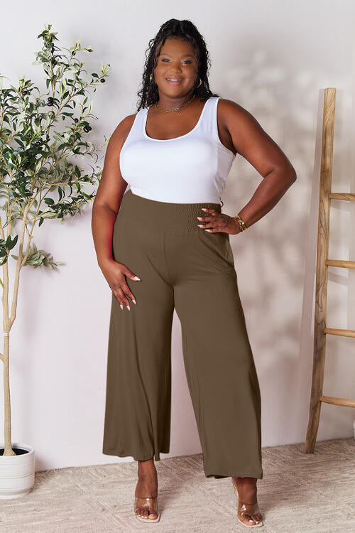 Smocked Wide Waistband Wide Leg Pants**