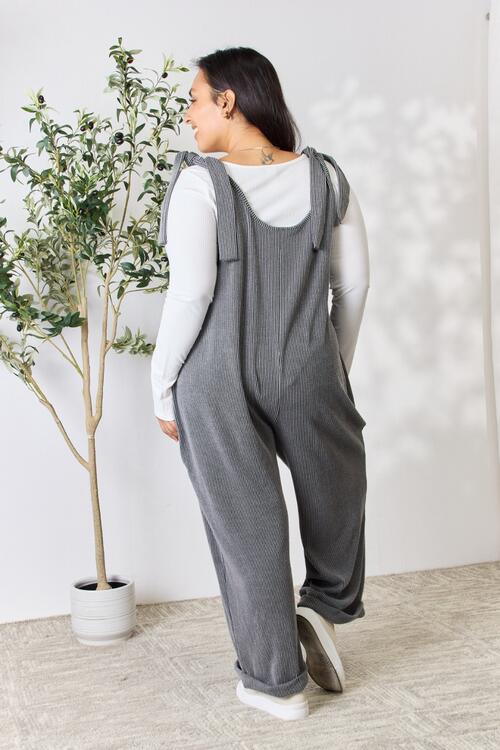 Ribbed Tie Shoulder Sleeveless Ankle Overalls - Gray