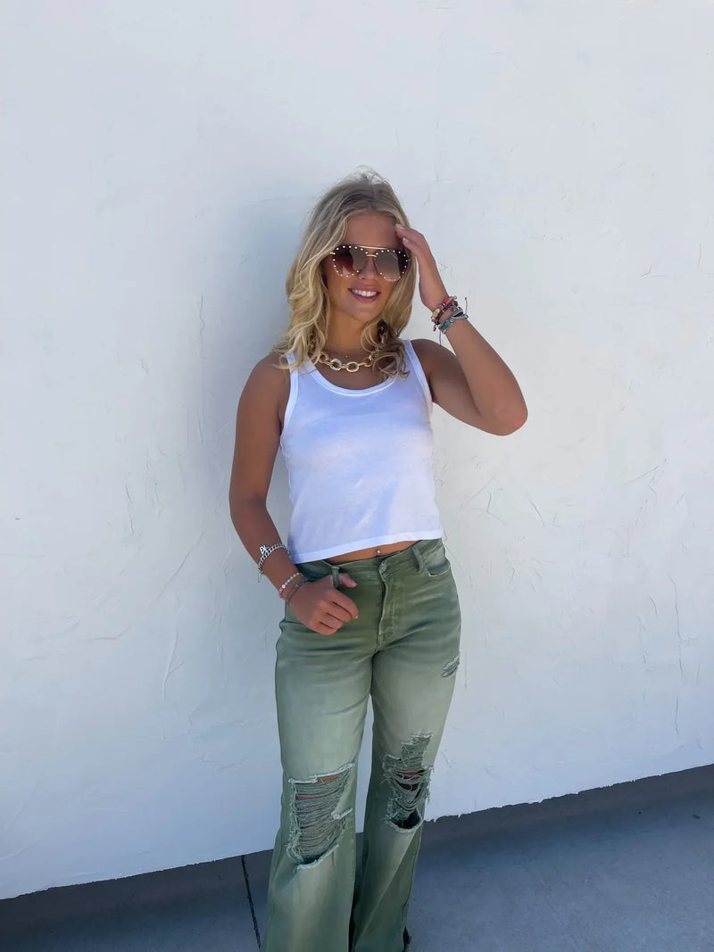 Blakeley Distressed Jeans In Olive and Camel