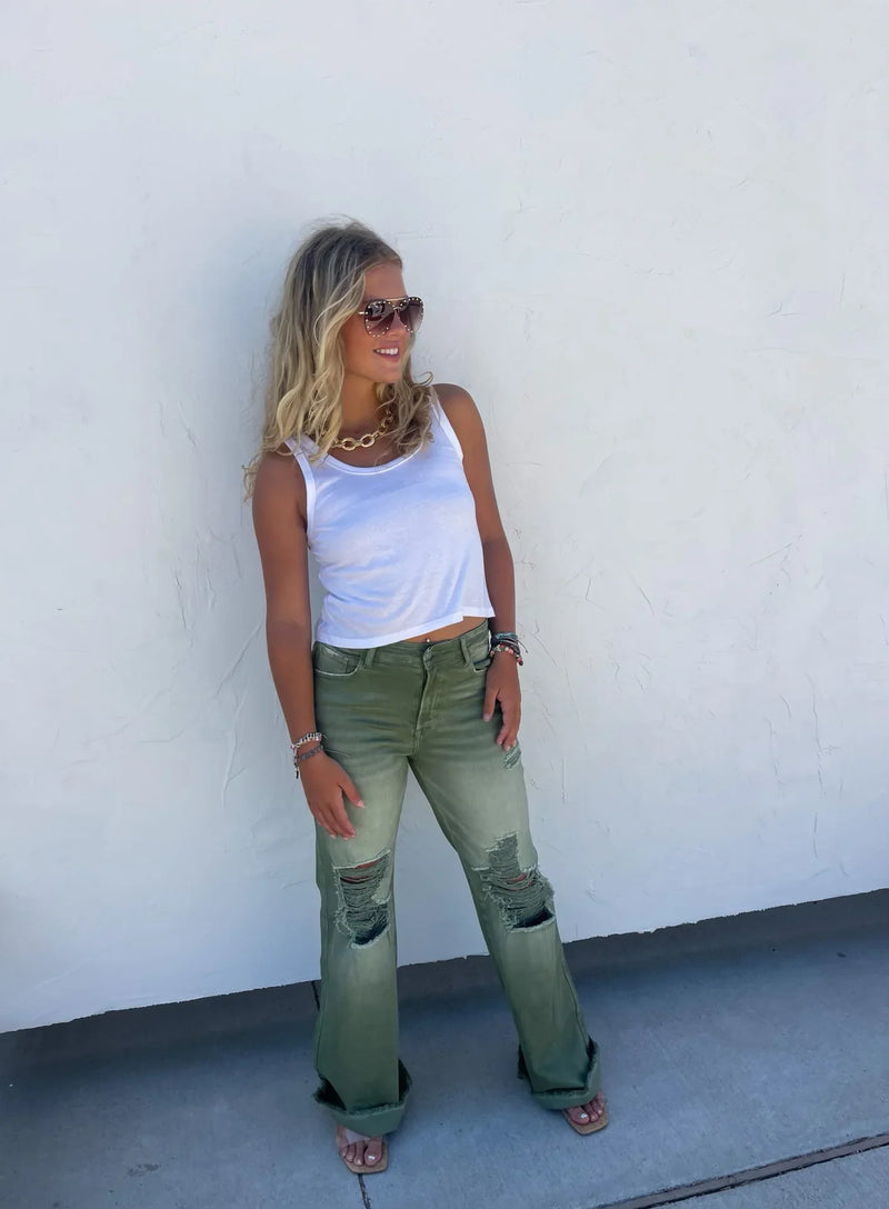 Blakeley Distressed Jeans In Olive and Camel