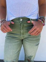 Blakeley Distressed Jeans In Olive and Camel Tall Inseam